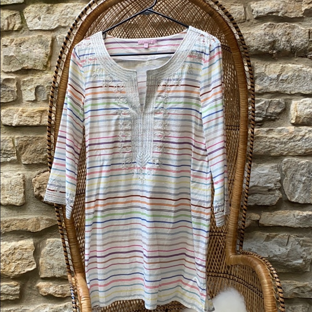 Calypso St. Barth White Striped Embroidered Tunic
